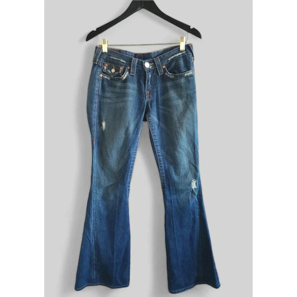 True Religion Jeans Womens Size 28 Blue Bobby Bell Bottom Distressed 100% Cotton - Picture 1 of 10
